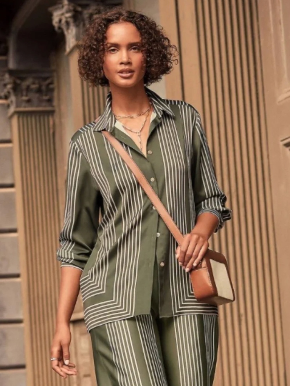 LOFT Geo Twill Relaxed Stripe Top - Green - Large